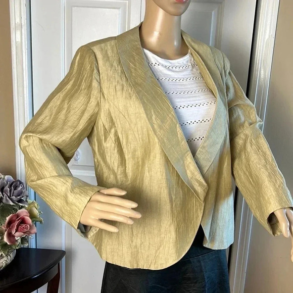 PAZ TORRAS LINEN CROPPED PEPLUM SHIMMERY GOLD COLOR BLAZER  made in Milan? - Picture 3 of 17